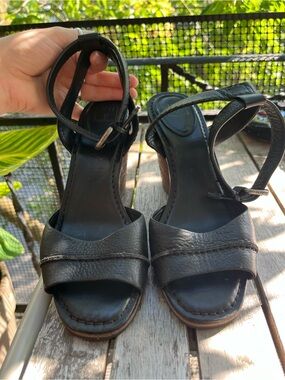 Frye Black Leather Open-Toe Ankle-Strap Heels